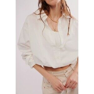 Free People Kelcey Cropped Shirt Top Gathered Bottom Buttondown Cotton XL 285828